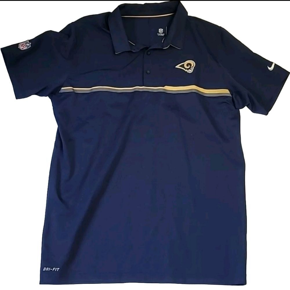 Nike NFL On Field LA Rams Dri-Fit Polo Shirt Mens Large Blue Gold Team Logo